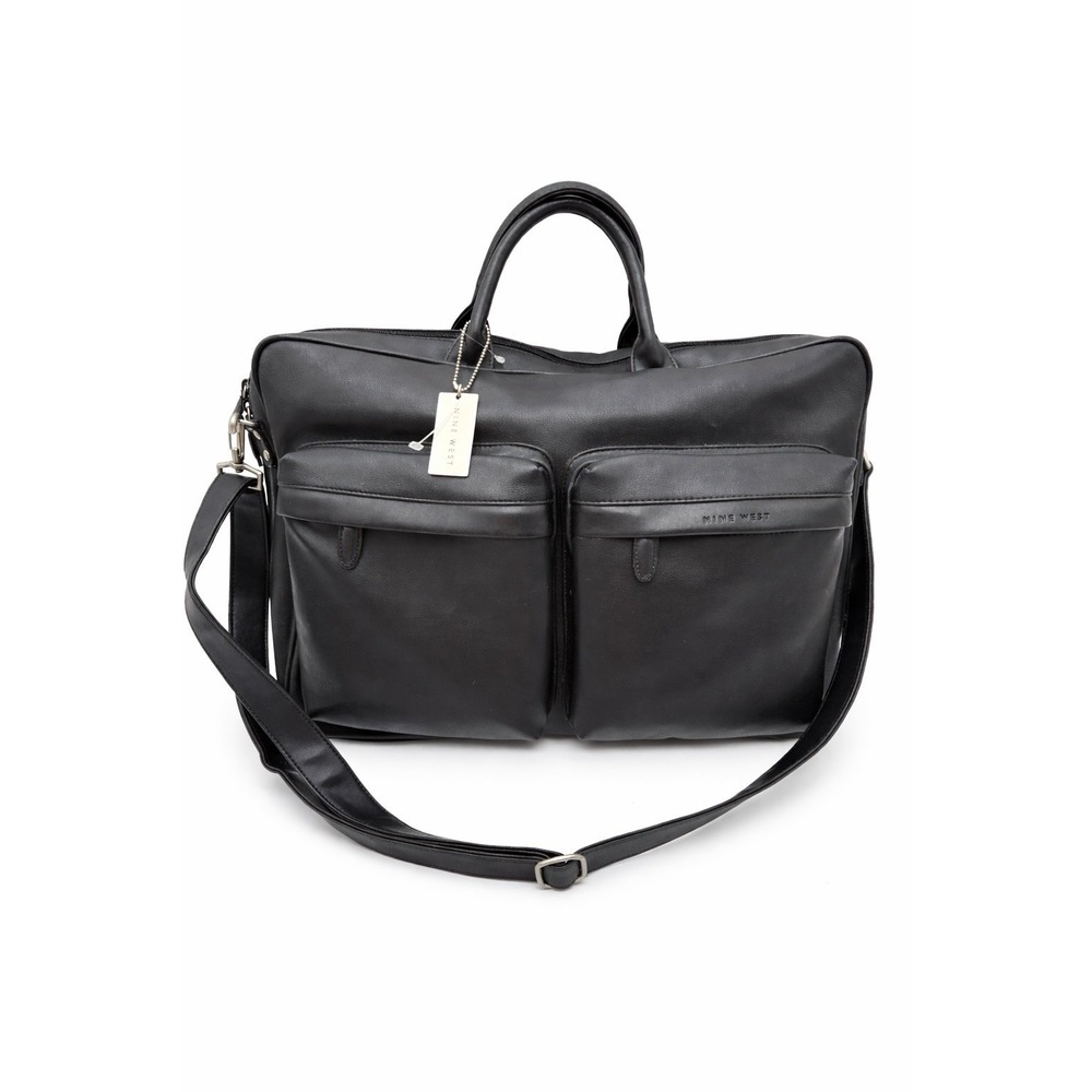 Nine West Black Faux Leather Laptop Briefcase Tote Crossbody Bag Large NWOT